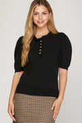 SHORT SLEEVE RUFFLED NECK SWEATER