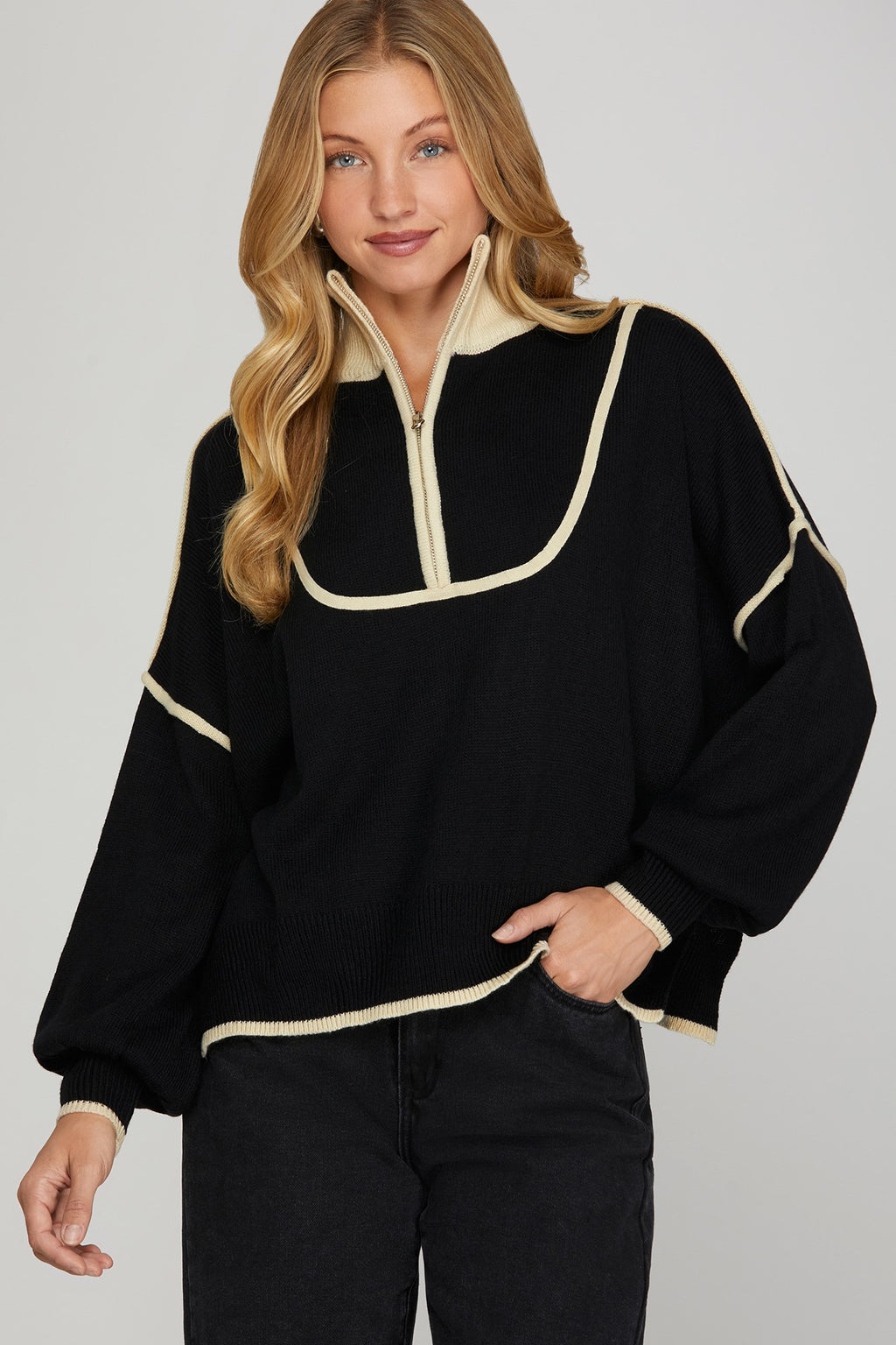 Black with Cream Trim Sweater by She+Sky